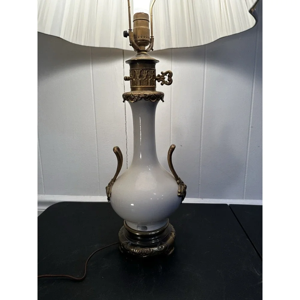 Vintage Tyndale China Table Lamp White Porcelain Brass Tone Ornate Handles Pleat